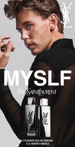 Profumo MYSLF Yves Saint Laurent con flaconi eleganti color argento, testo L’Iconico Eau de Parfum e Il Nuovo Absolu, logo YSL su sfondo chiaro.